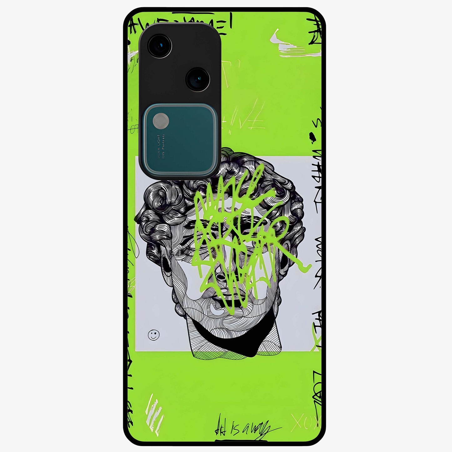 Neo Graffiti Rebellion Glass Case showing flat back view with vibrant graffiti artwork and glossy glass finish.