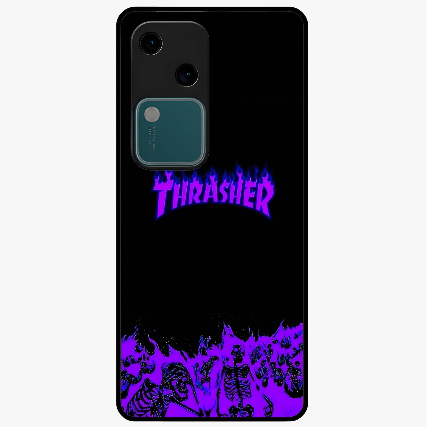 Neon Flame Riot Glass Case showing flat back view with neon flame artwork and glossy glass finish.
