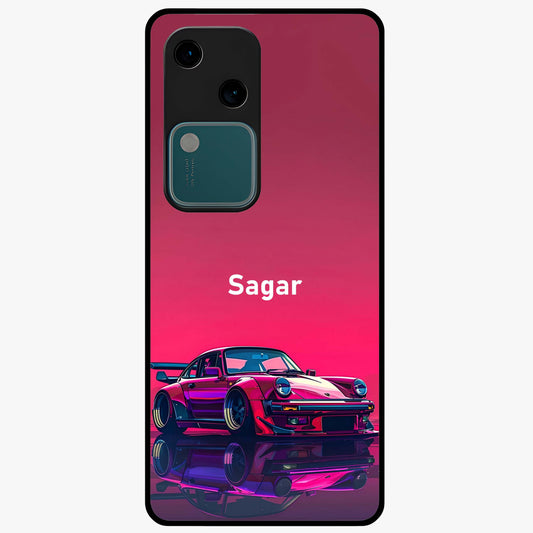 Neon Pink Porsche Glass Case showing flat back view with stylish sports car artwork and glossy glass finish.