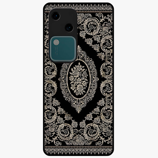 Noir Bloom Elegance Glass Case showing flat back view with elegant dark floral artwork and glossy glass finish.