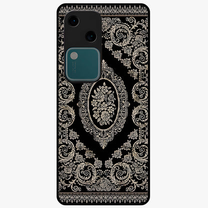 Noir Bloom Elegance Glass Case showing flat back view with elegant dark floral artwork and glossy glass finish.