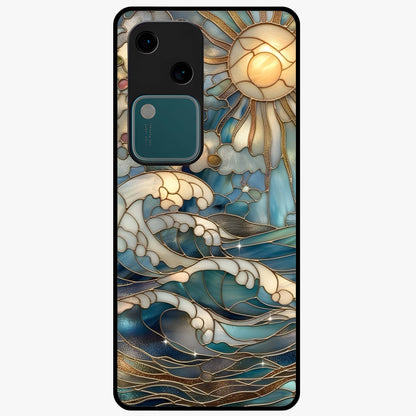 Oceanic Stained Printed Glass Case showing flat back view with ocean inspired stained pattern artwork and glossy glass finish.