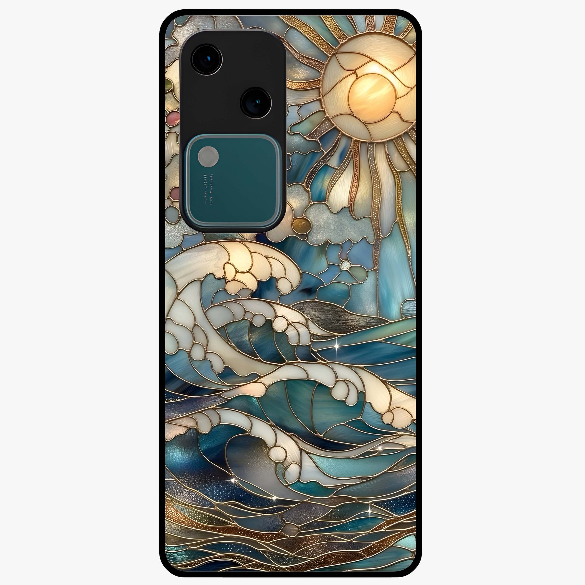 Oceanic Stained Printed Glass Case showing flat back view with ocean inspired stained pattern artwork and glossy glass finish.