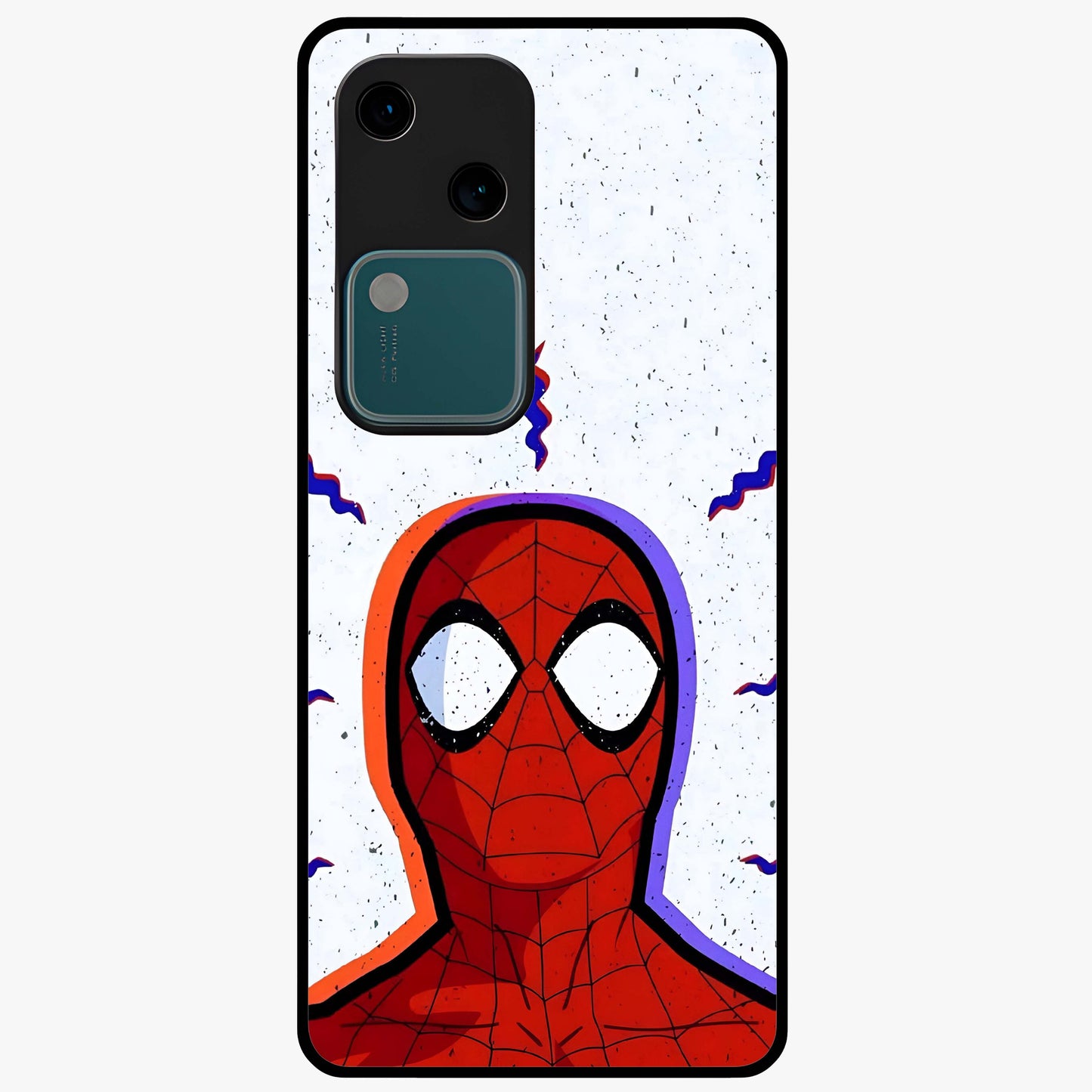 Omg Spiderman Glass Case showing flat back view with bold superhero inspired artwork and glossy glass finish.