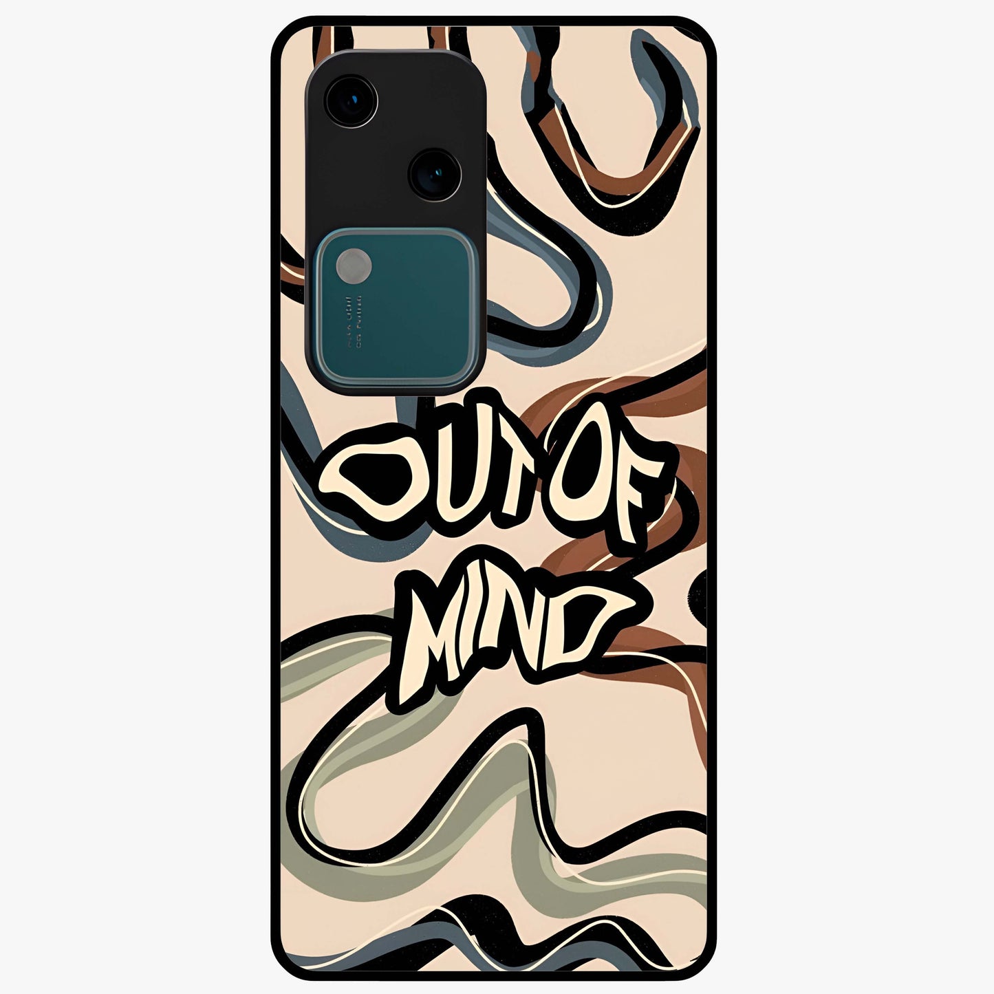 Out Of Mind Glass Case showing flat back view with expressive typography artwork and glossy glass finish.