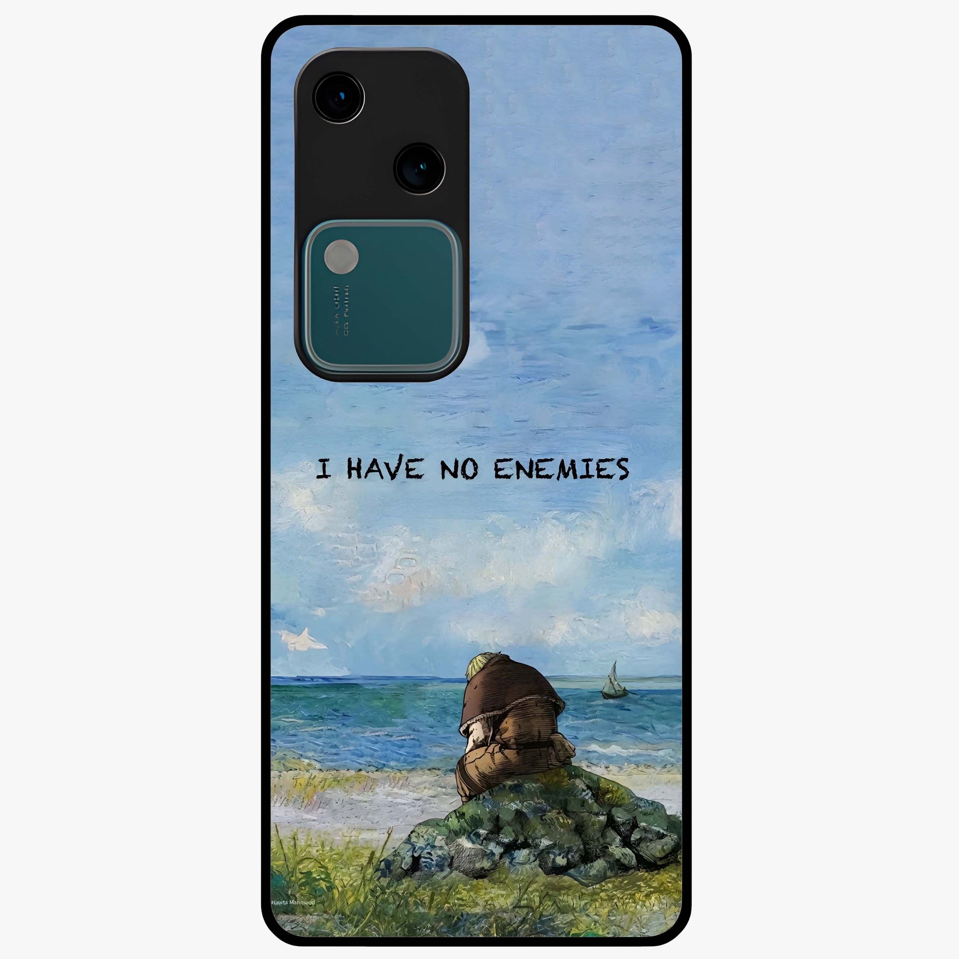 Peace Beyond War Glass Case showing flat back view with symbolic peace themed artwork and glossy glass finish.