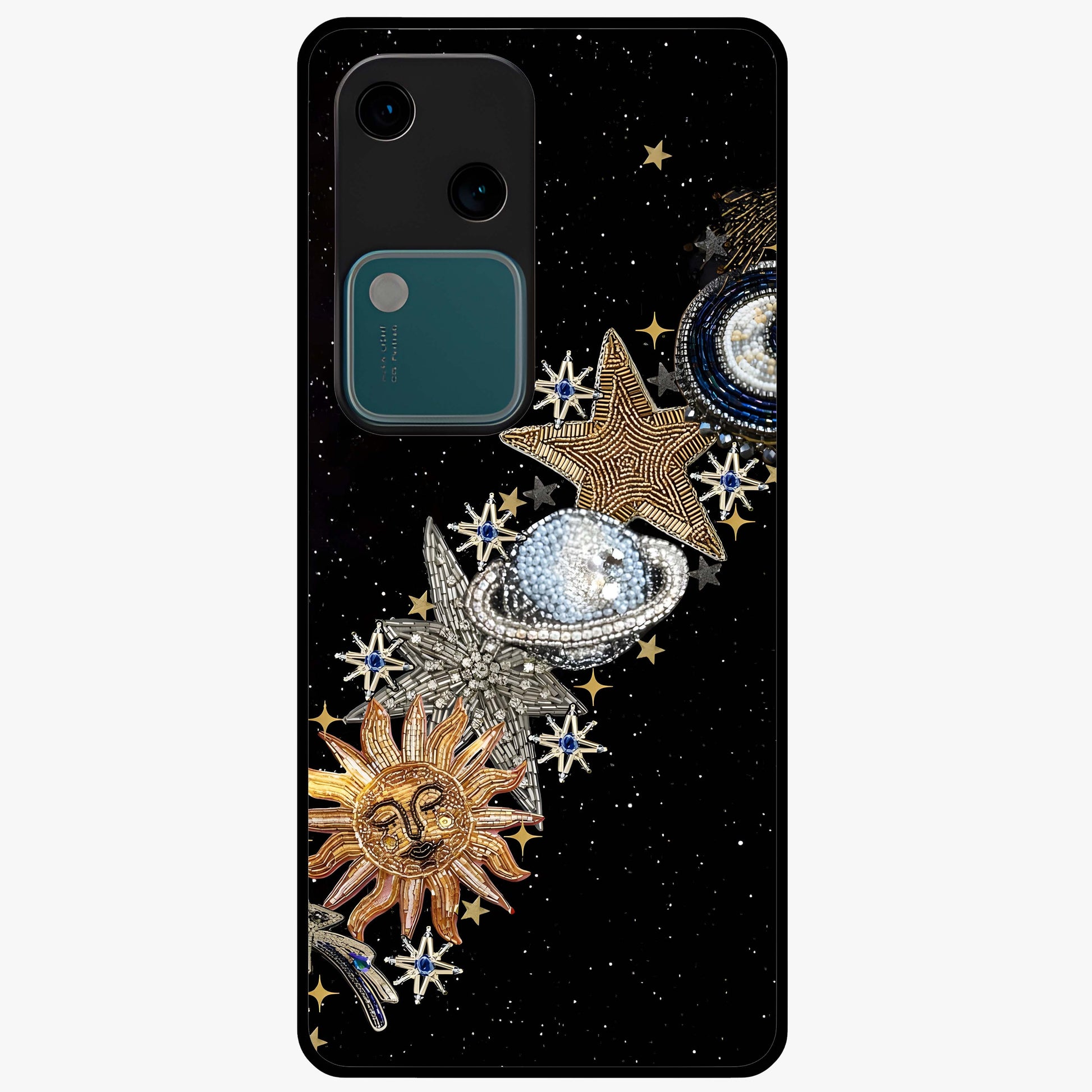 Pearls Universe Object Glass Case showing flat back view with pearl inspired cosmic artwork and glossy glass finish.