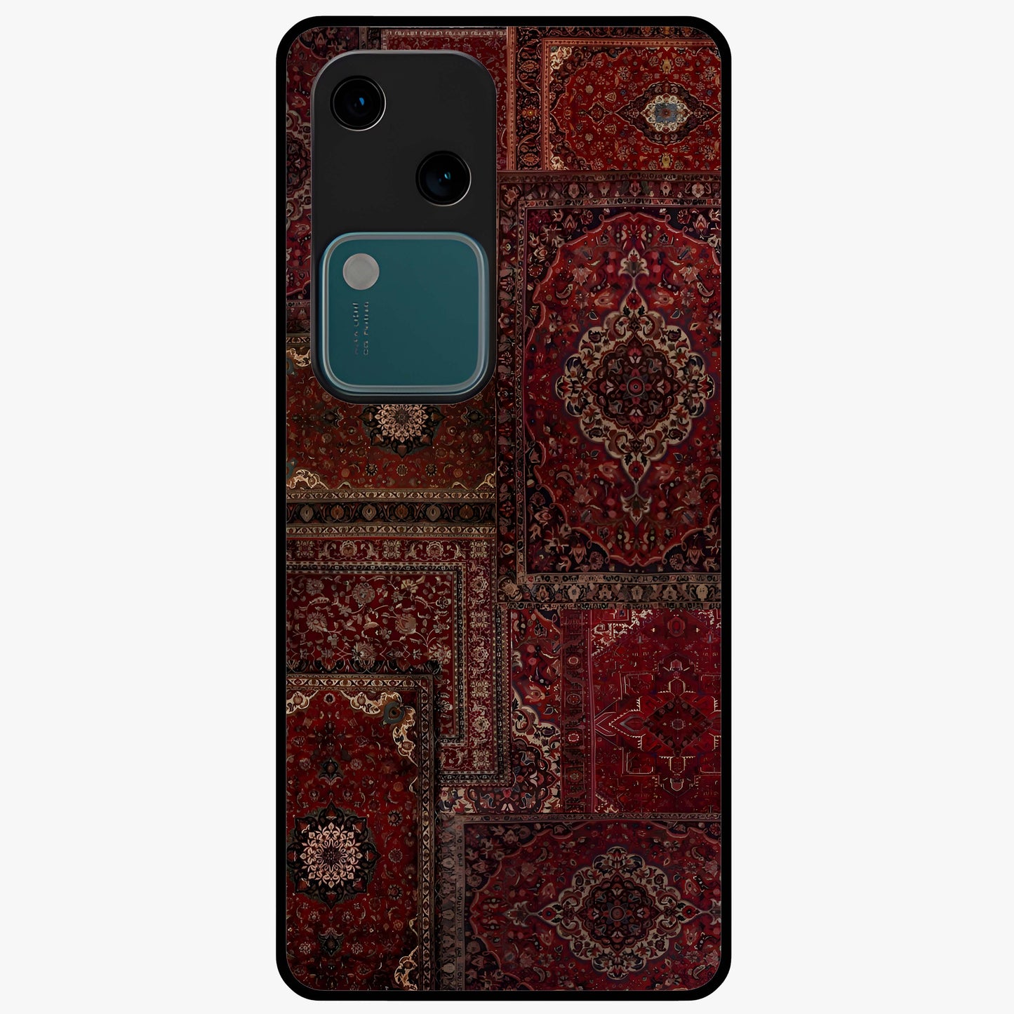 Persian Velvet Tale Glass Case showing flat back view with luxurious Persian velvet pattern artwork and glossy glass finish.