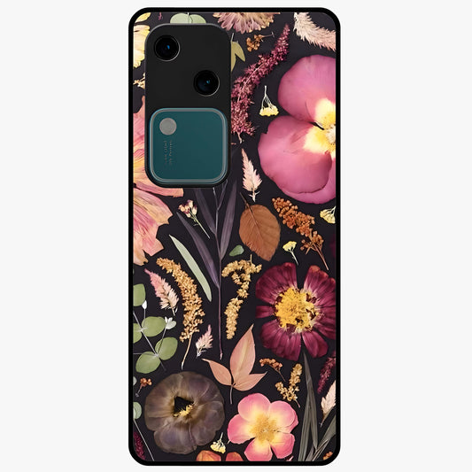 Petal Dream Tapestry Glass Case showing flat back view with intricate floral tapestry artwork and glossy glass finish.