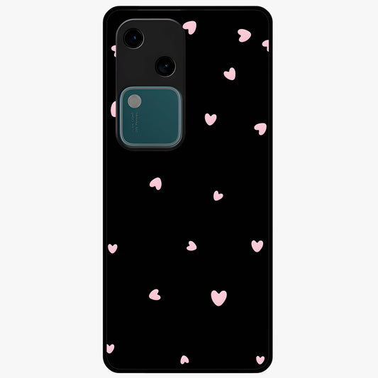 Pink Love Drops Glass Case showing flat back view with playful pink heart drops artwork and glossy glass finish.
