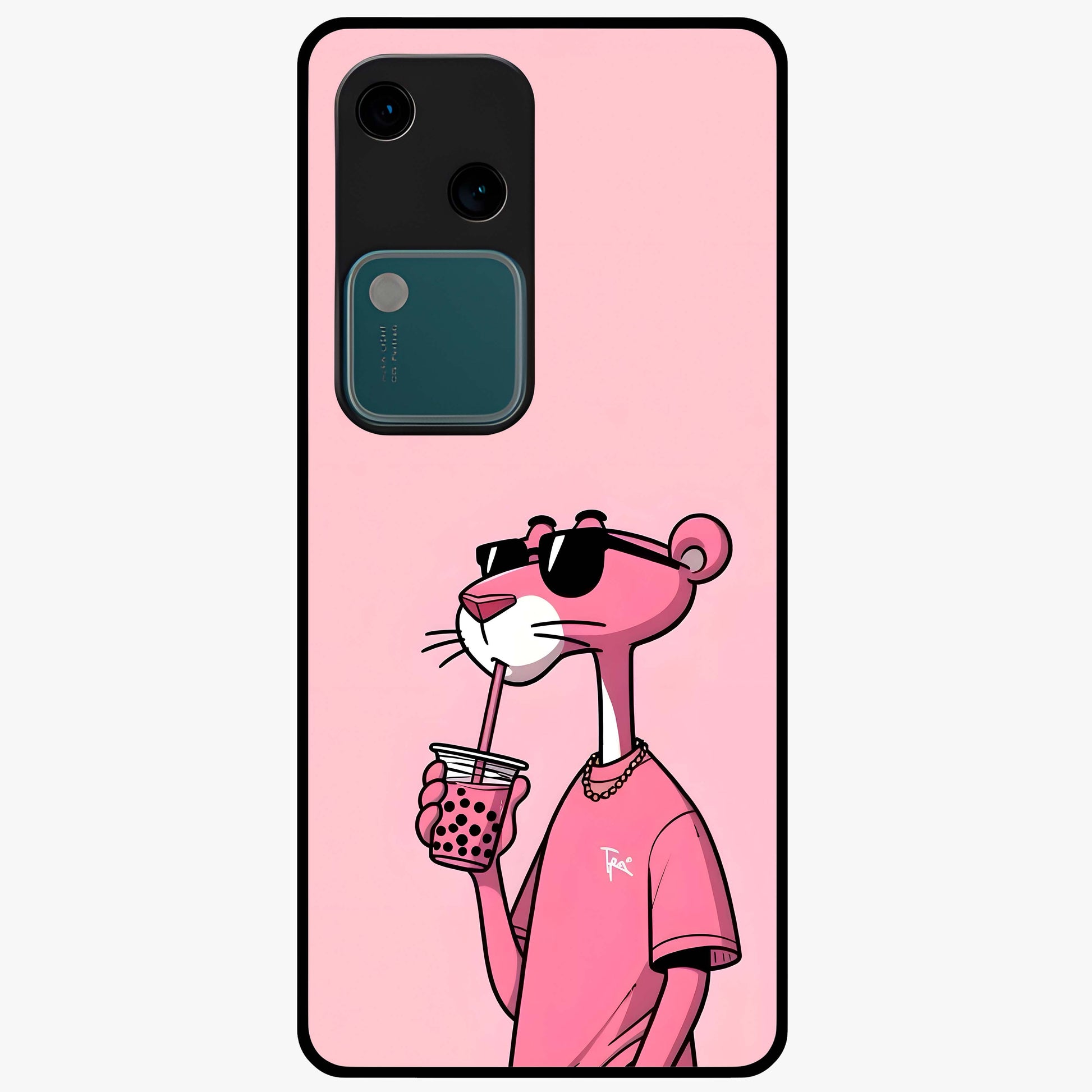 Pink Panther Glass Case showing flat back view with iconic pink panther artwork and glossy glass finish.