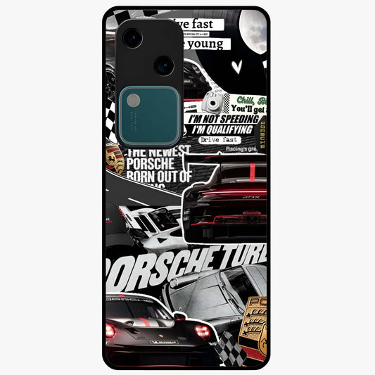 Porsche Racing Collage Glass Case showing flat back view with sports car racing collage artwork and glossy glass finish.