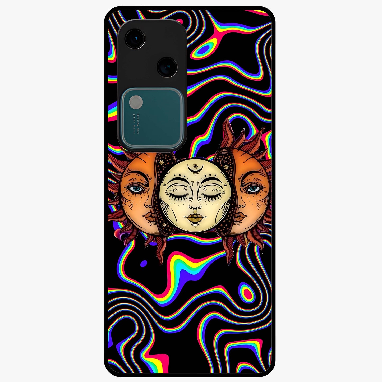 Psychedelic Sun Glass Case showing flat back view with colorful psychedelic sun artwork and glossy glass finish.