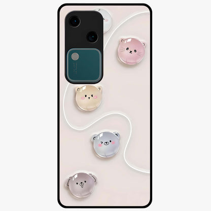 Puffy Face Parade Glass Case showing flat back view with cute puffy character faces artwork and glossy glass finish.