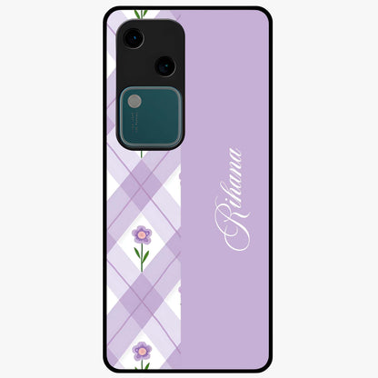 Purple Diamond Floral Glass Case showing flat back view with diamond shaped floral artwork and glossy glass finish.
