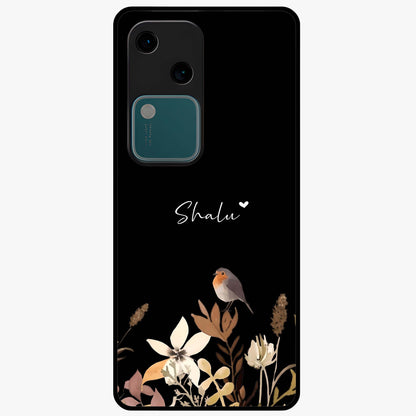 Quiet Garden Tune Custom Name Glass Case showing flat back view with peaceful garden artwork and personalized name design.