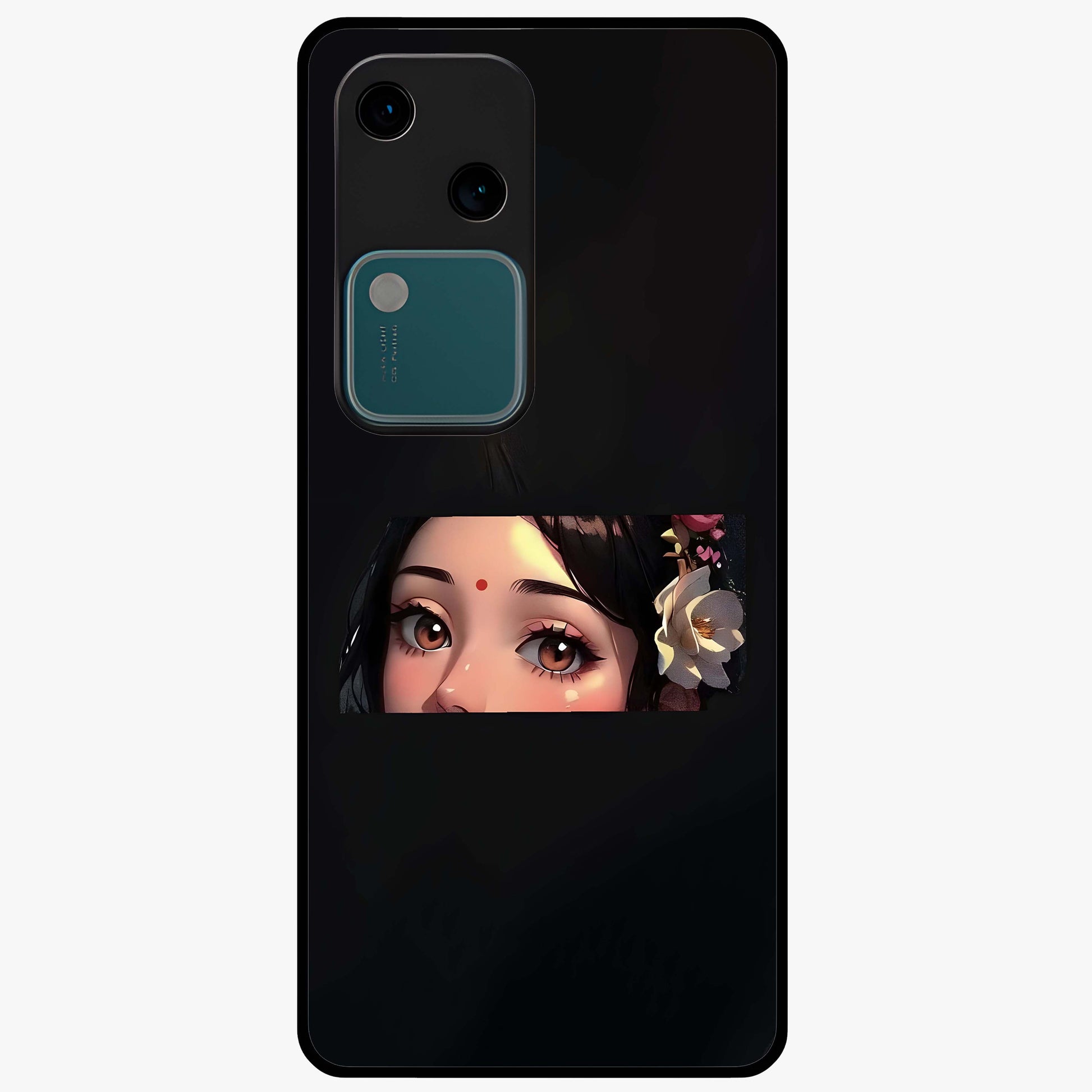 Radha Divine Embrace Glass Case showing flat back view with devotional Radha artwork and glossy glass finish.