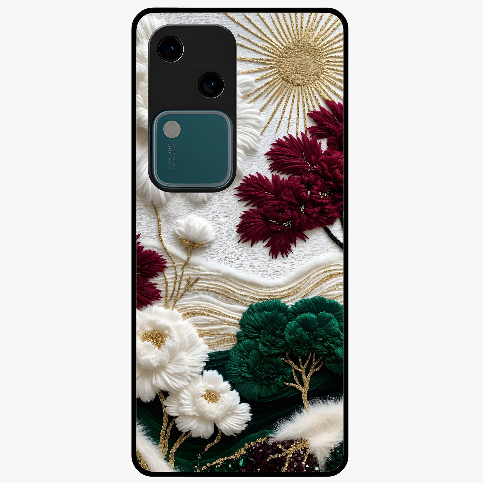 Radiant Bloom Elegance Glass Case showing flat back view with elegant blooming flower artwork and glossy glass finish.