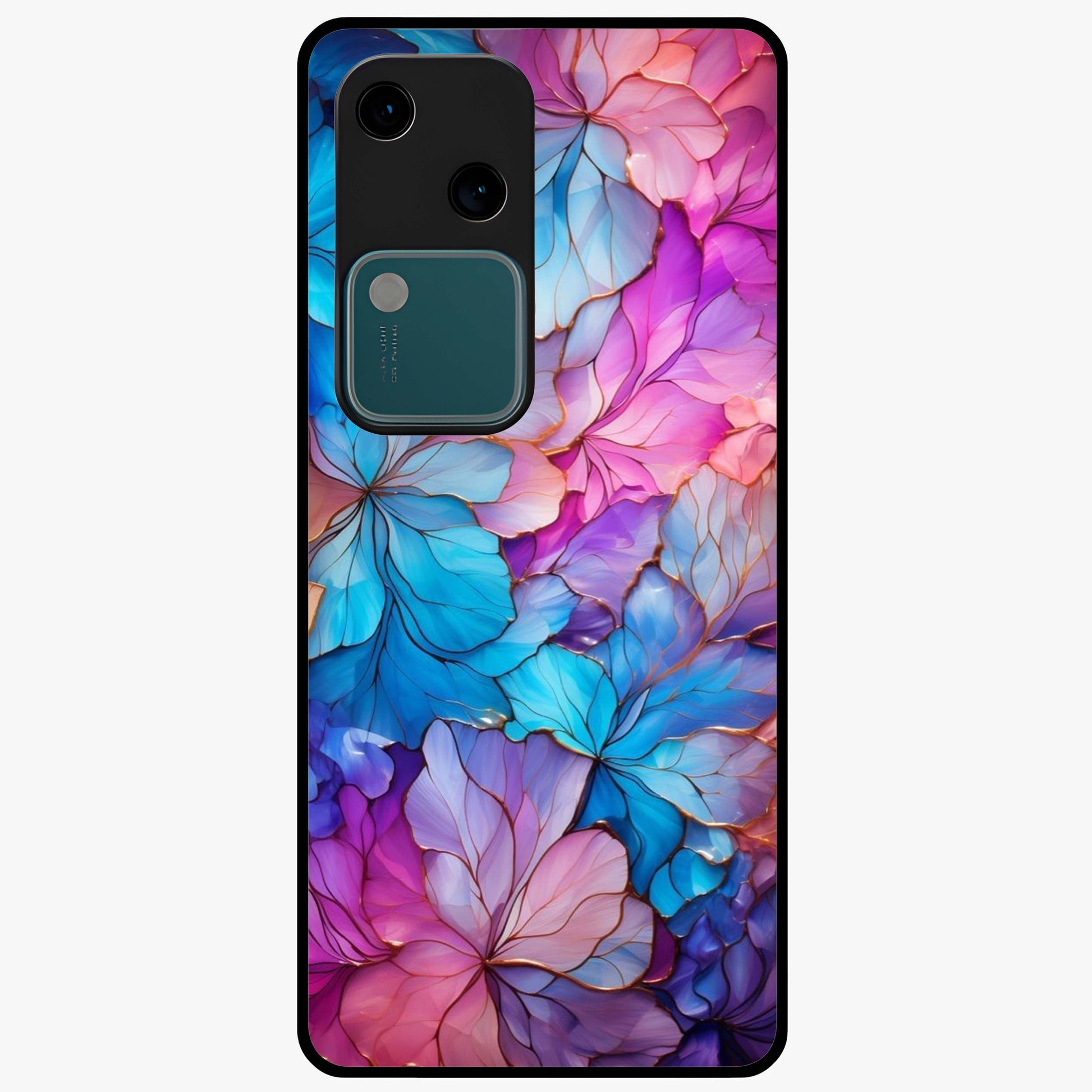 Radiant Floral Whirl Glass Case showing flat back view with swirling floral artwork and glossy glass finish.