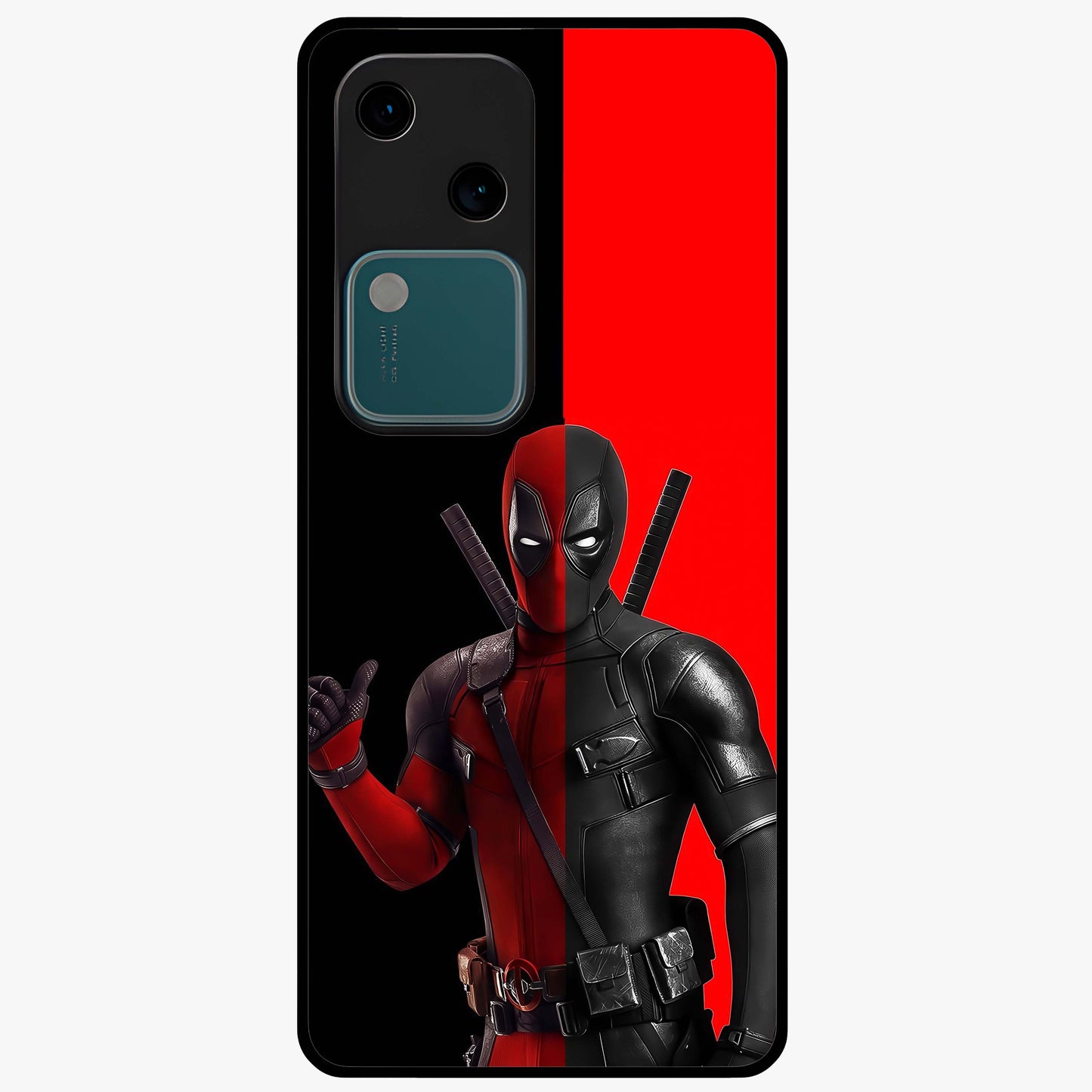 Red & Black Deadpool Theme Glass Case showing flat back view with bold comic inspired artwork and glossy glass finish.