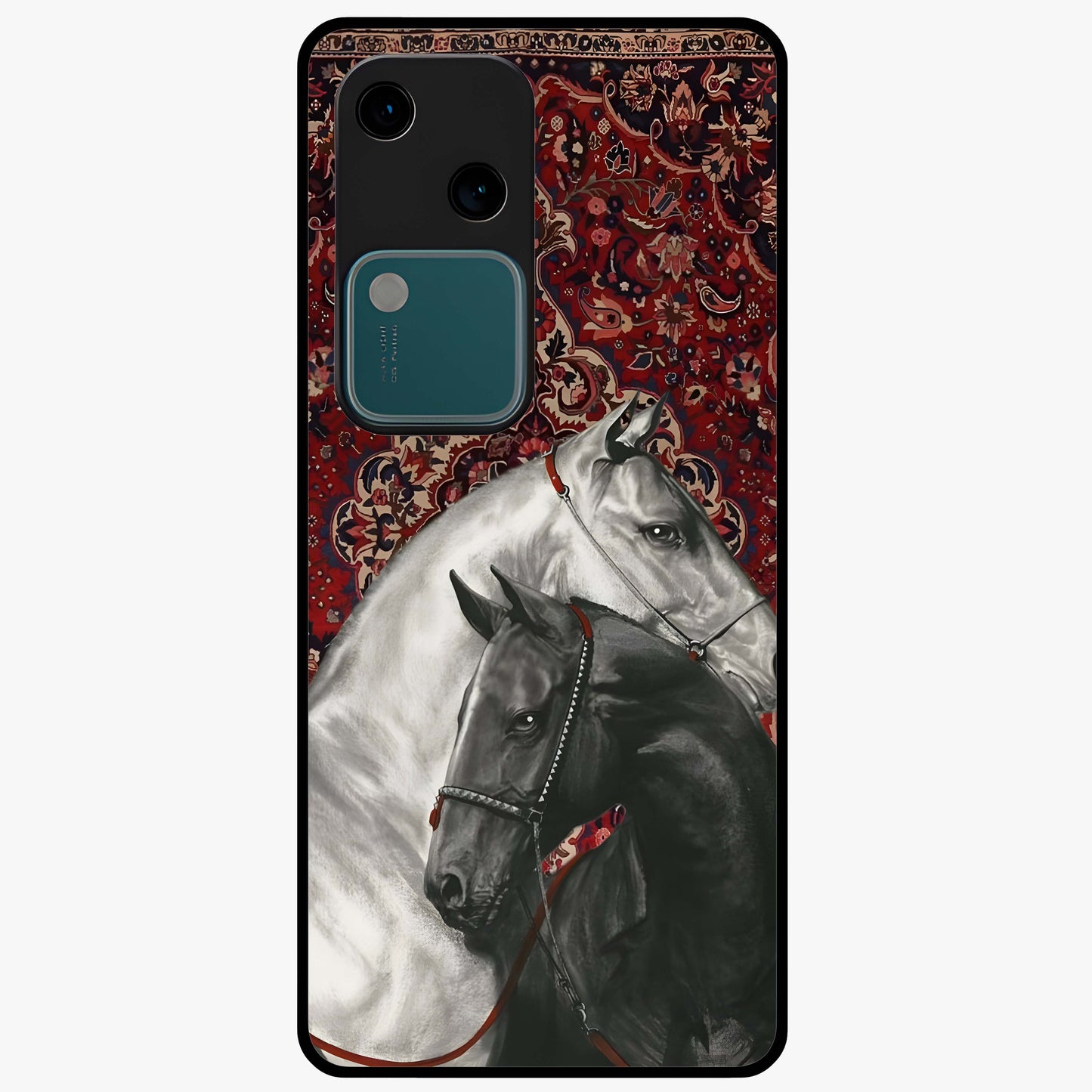 Regal Stallion Tapestry Glass Case showing flat back view with majestic horse tapestry artwork and glossy glass finish.