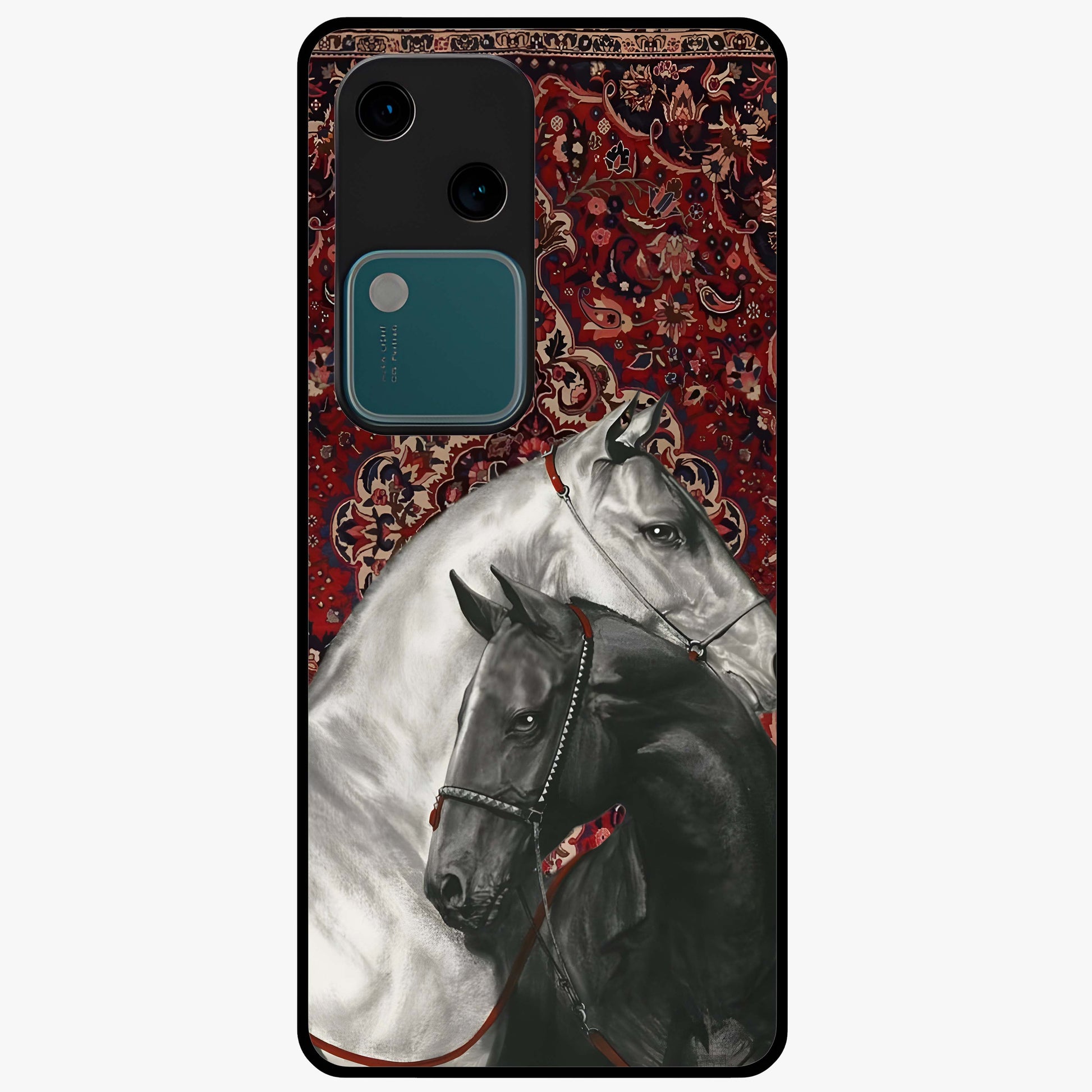Regal Stallion Tapestry Glass Case showing flat back view with majestic horse tapestry artwork and glossy glass finish.