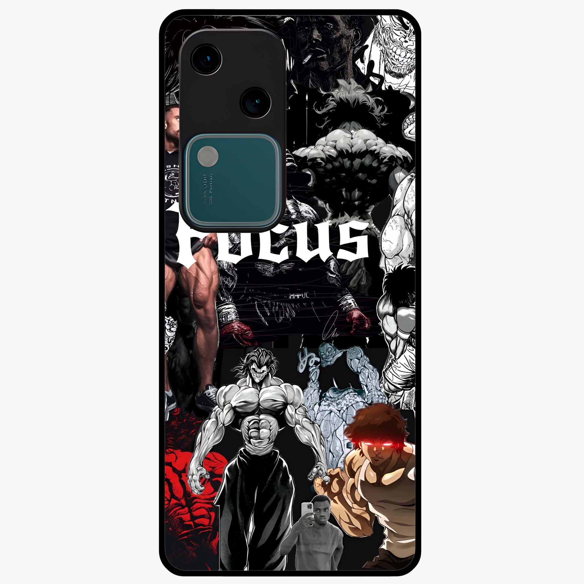 Relentless Power Focus Glass Case showing flat back view with motivational typography artwork and glossy glass finish.