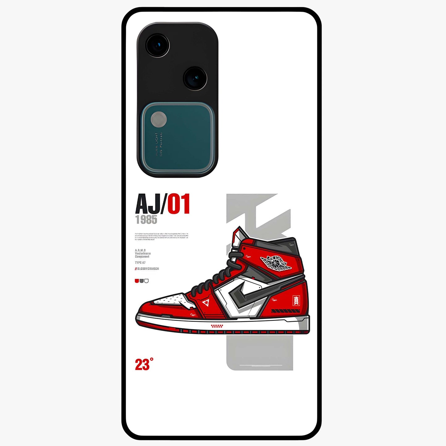 Retro Sneaker Blueprint Glass Case showing flat back view with sneaker blueprint style artwork and glossy glass finish.
