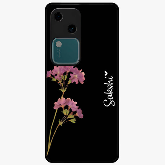 Riching Lavender Flower Custom Name Glass Case showing flat back view with lavender floral artwork and personalized name design.