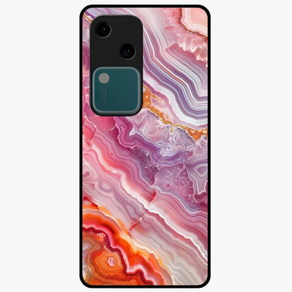 Rose Quartz Marble Glass Case showing flat back view with pink marble quartz texture artwork and glossy glass finish.
