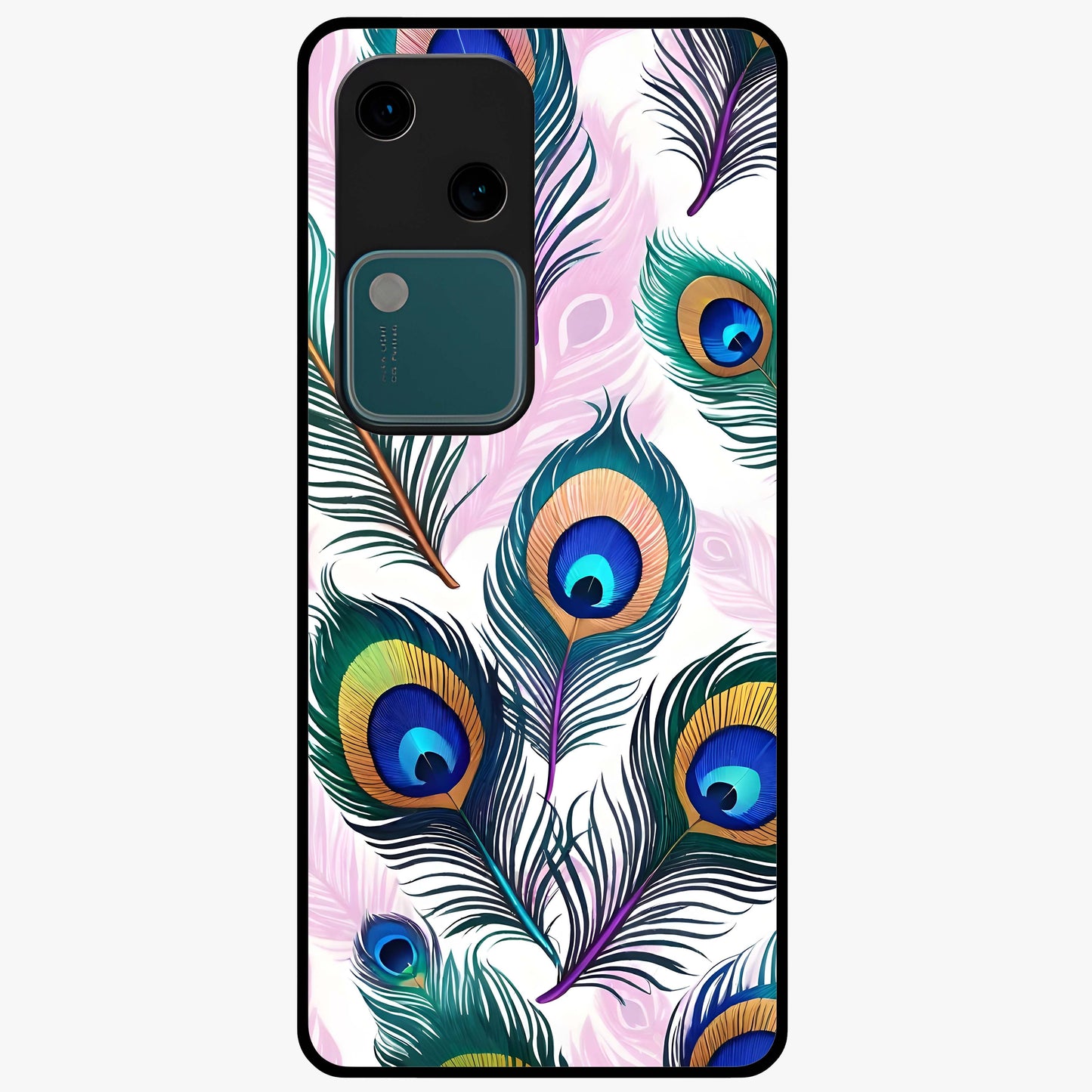 Royal Peacock Feathers Glass Case showing flat back view with colorful peacock feather artwork and glossy glass finish.
