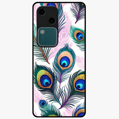 Royal Peacock Feathers Glass Case showing flat back view with colorful peacock feather artwork and glossy glass finish.