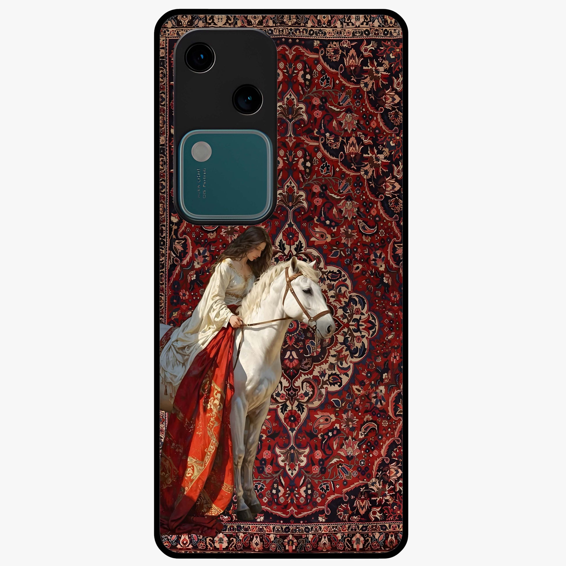 Royal Rider Tapestry Glass Case showing flat back view with majestic horse rider tapestry artwork and glossy glass finish.