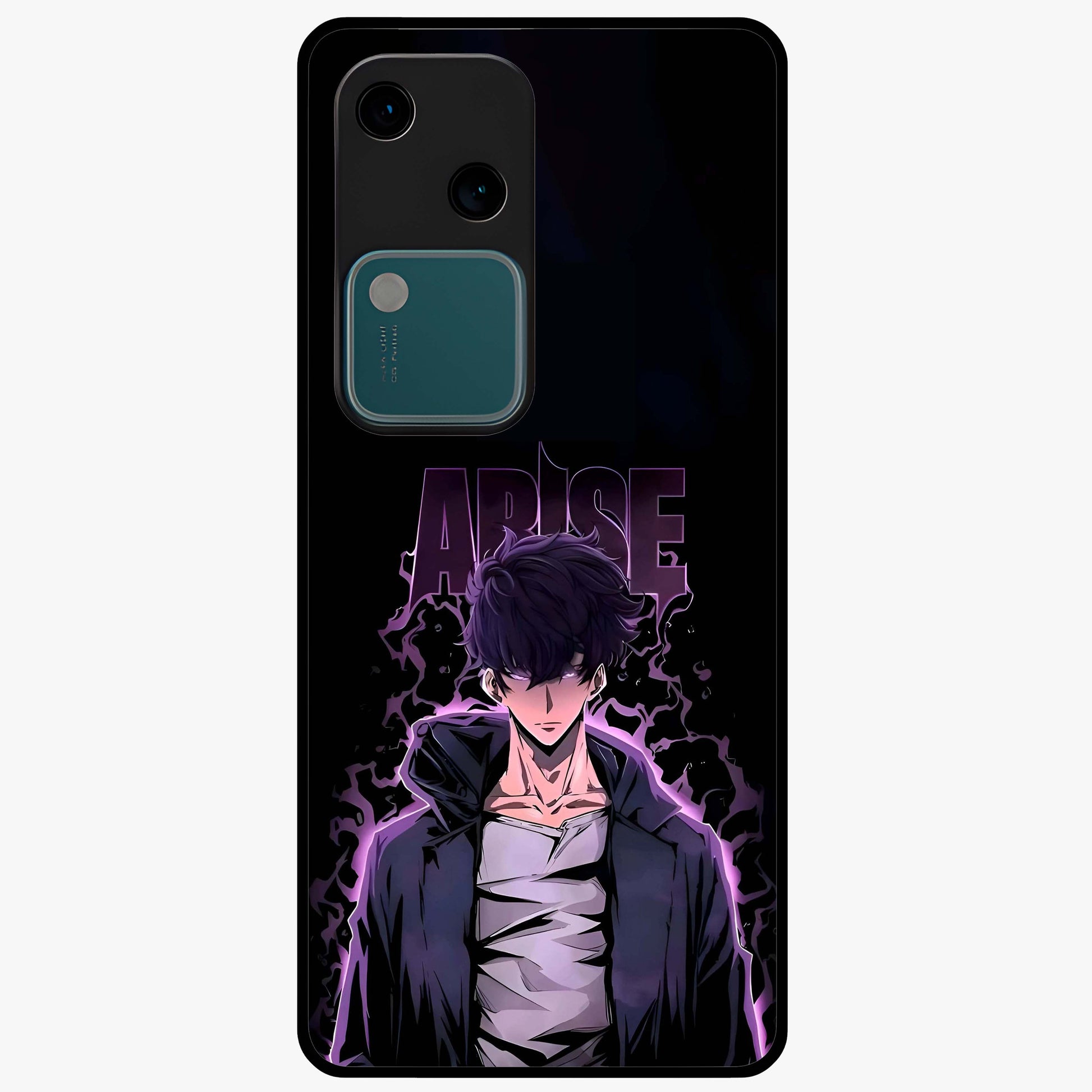 Shadow Monarch Awakening Glass Case showing flat back view with powerful dark monarch themed artwork and glossy glass finish.