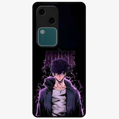 Shadow Monarch Awakening Glass Case showing flat back view with powerful dark monarch themed artwork and glossy glass finish.