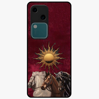 Solar Riders Glass Case showing flat back view with dynamic rider themed artwork and glossy glass finish.