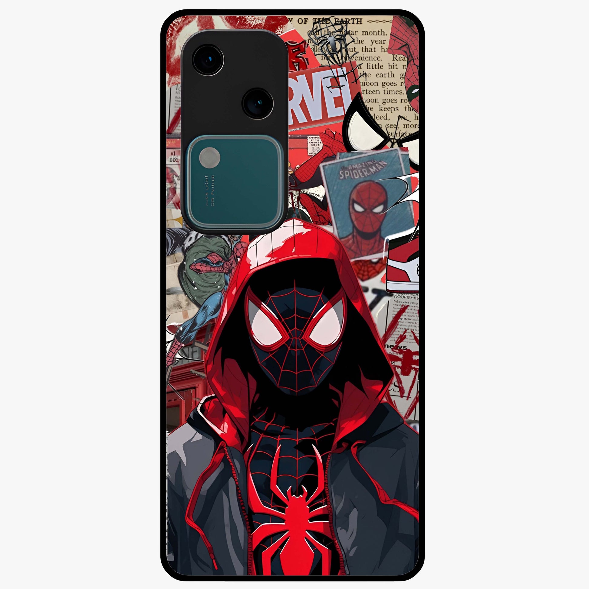 Spider Collage Street Glass Case showing flat back view with vibrant superhero collage artwork and glossy glass finish.