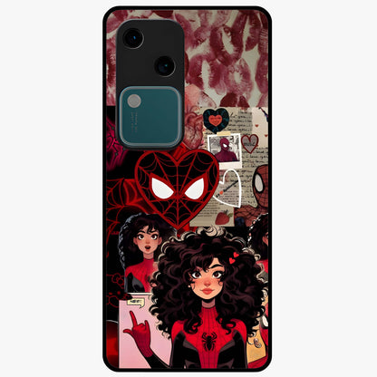 Spider Love Story Glass Case showing flat back view with romantic superhero themed artwork and glossy glass finish.