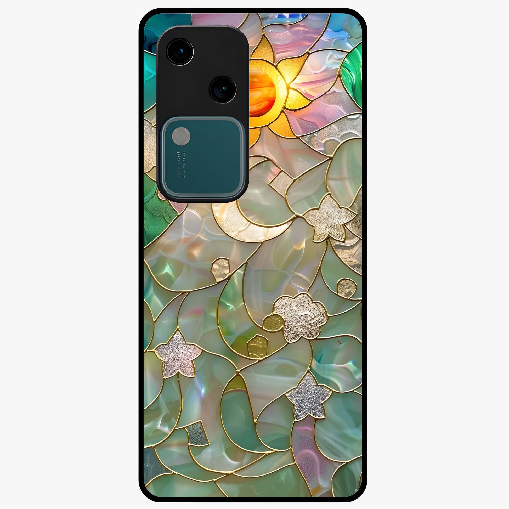 Stained Sunrise Glow Glass Case showing flat back view with glowing sunrise stained pattern artwork and glossy glass finish.
