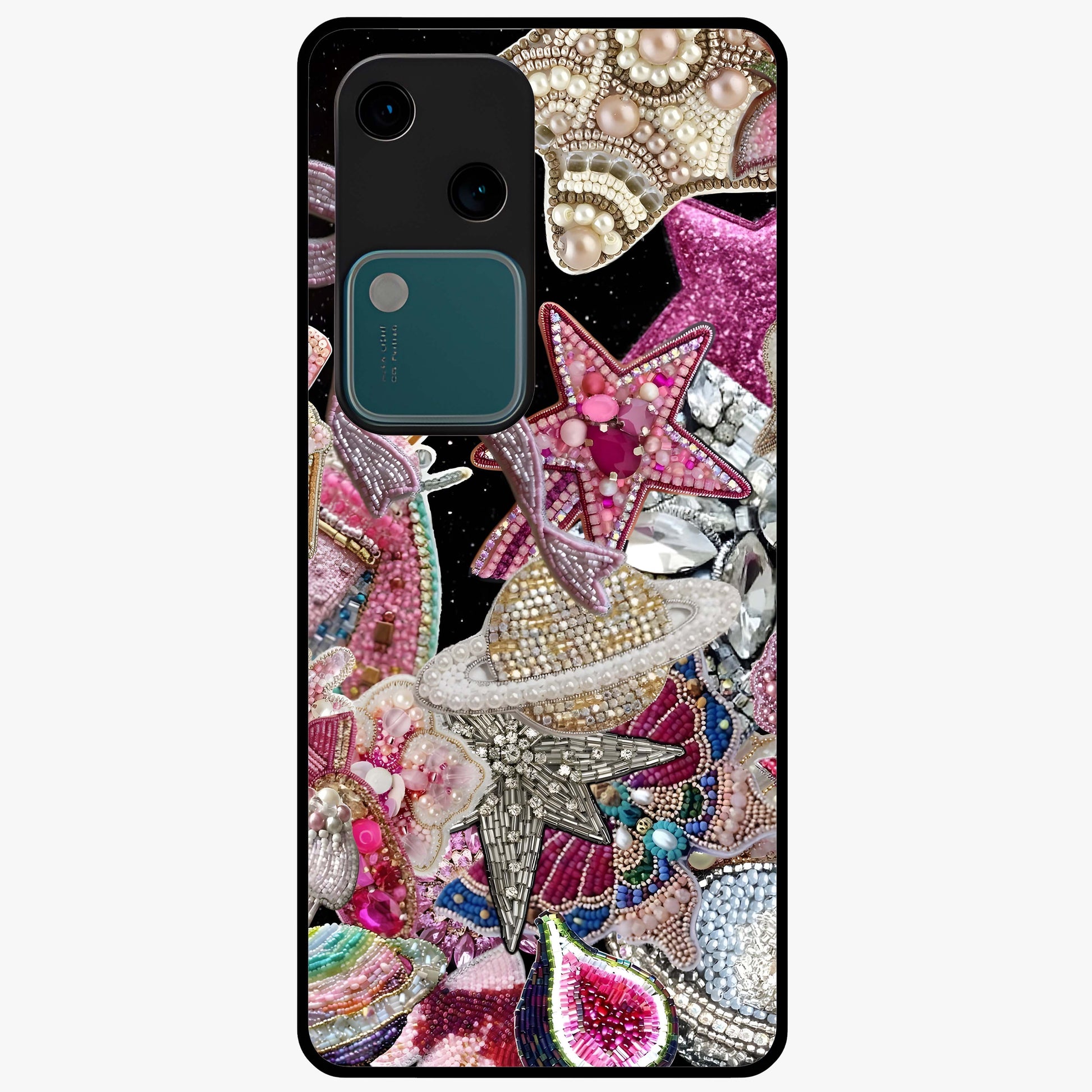 Starlit Jewel Dream Glass Case showing flat back view with sparkling jewel and star themed artwork and glossy glass finish.