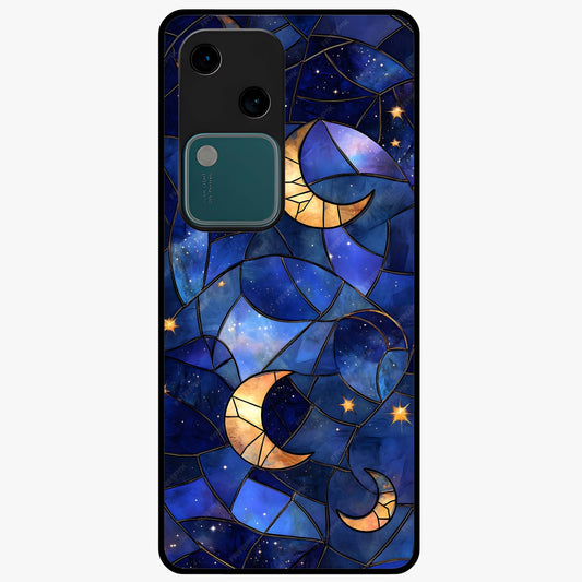 Starlit Sky Tapestry Glass Case showing flat back view with decorative starry sky tapestry artwork and glossy glass finish.