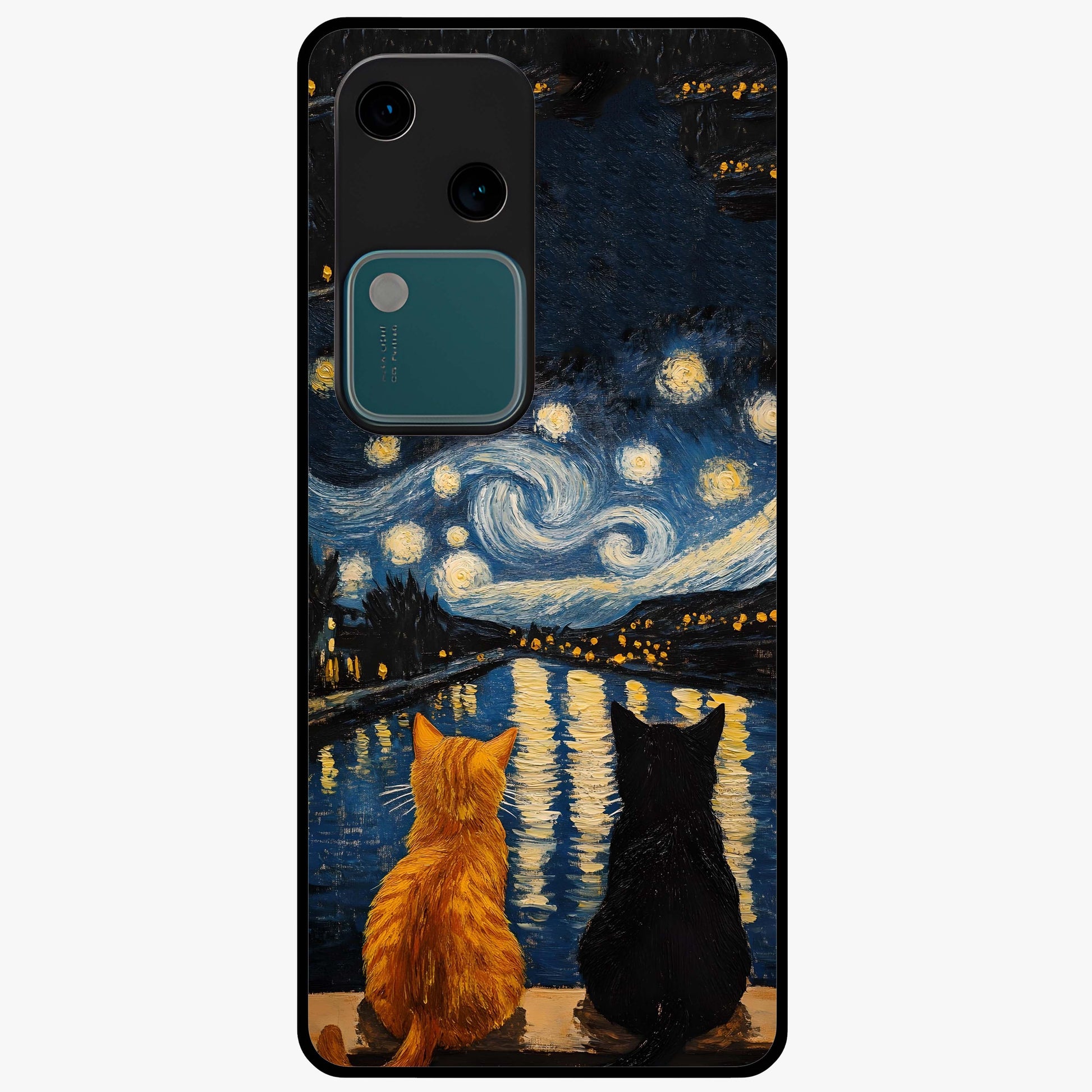 Starry River Cats Glass Case showing flat back view with cats by a starry river artwork and glossy glass finish.