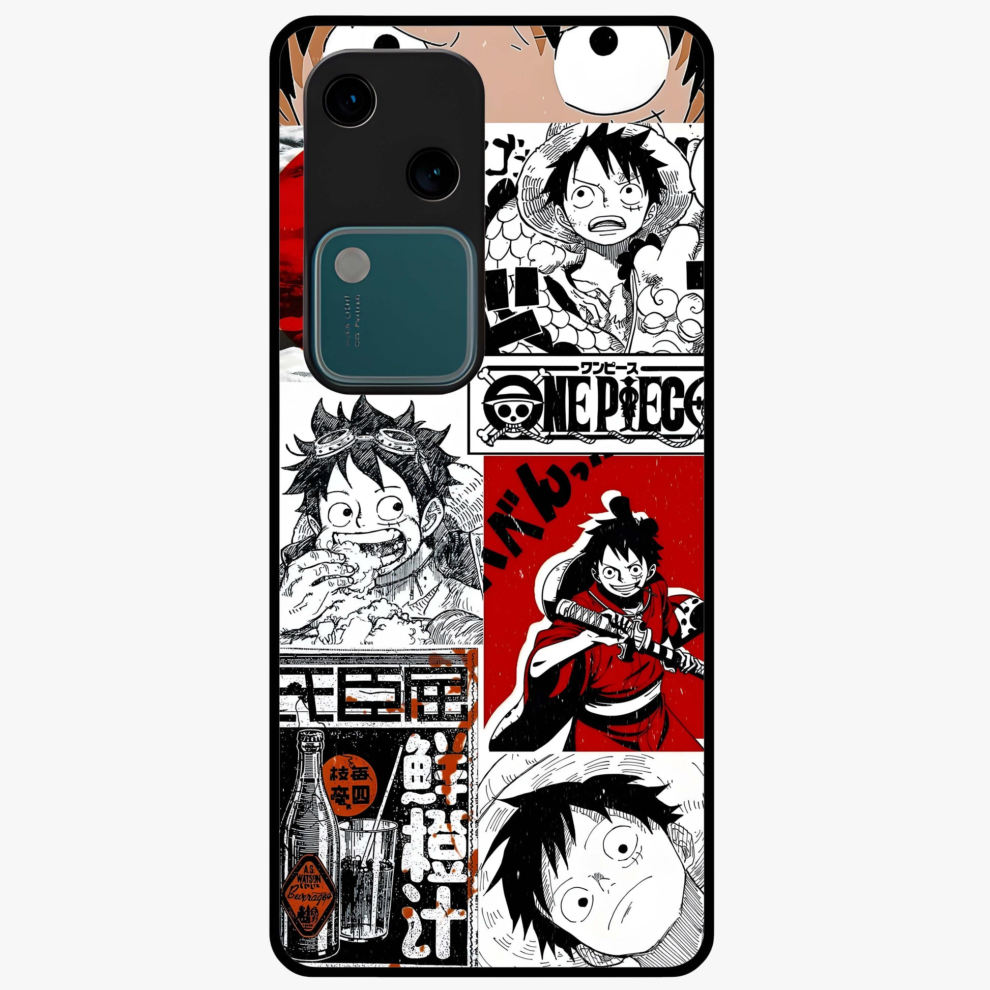 Strawhat Chaos Panels Glass Case showing flat back view with anime inspired chaos panel artwork and glossy glass finish.