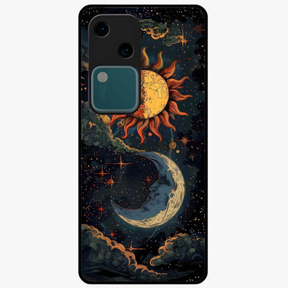 Sun And Moon Magic Design Glass Case showing flat back view with mystical sun and moon artwork and glossy glass finish.