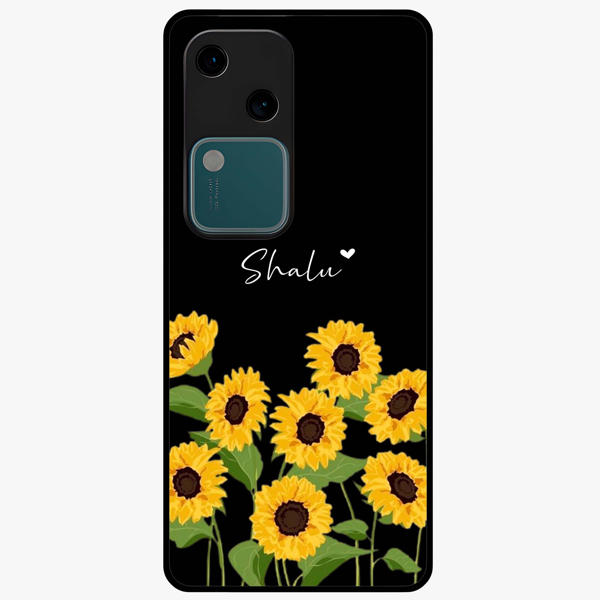 Sunflower Chic Mood Custom Name Glass Case showing flat back view with stylish sunflower artwork and personalized name design.