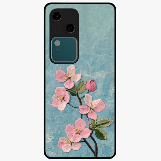 Threaded Blossom Breeze Glass Case showing flat back view with delicate blossom artwork and glossy glass finish.