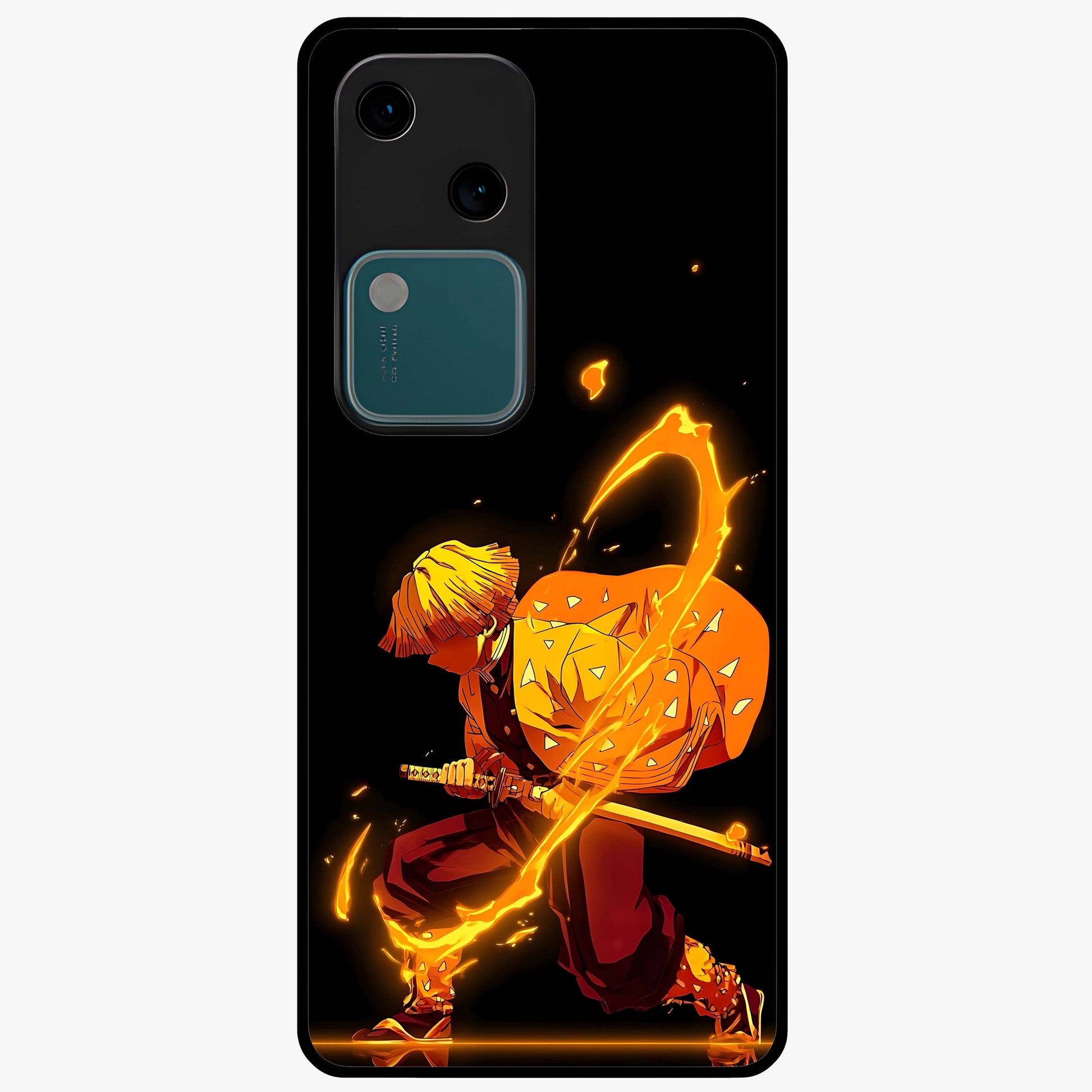 Thunder Flame Execution Glass Case showing flat back view with powerful flame and lightning artwork and glossy glass finish.