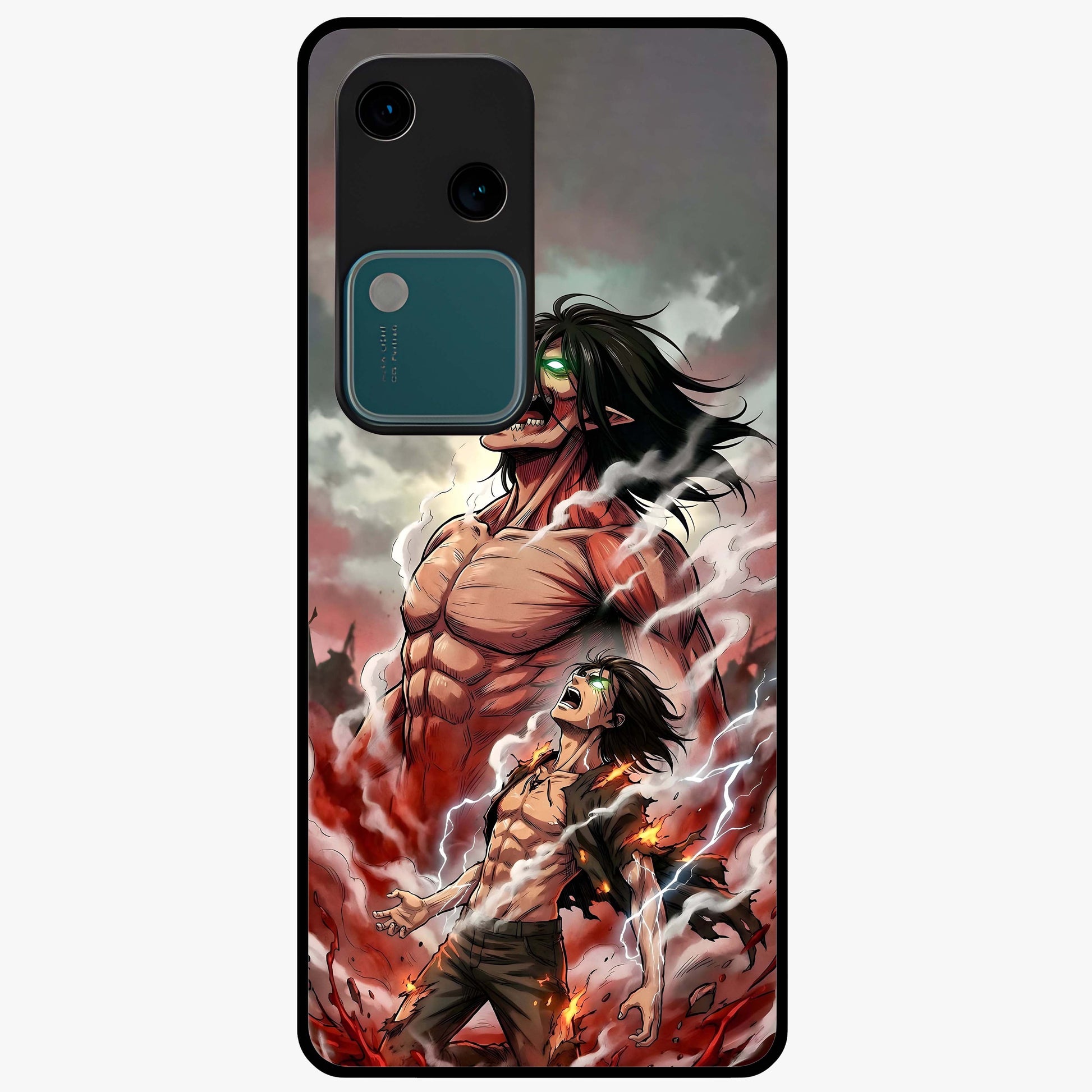 Titan Awakening Fury Glass Case showing flat back view with powerful titan inspired artwork and glossy glass finish.