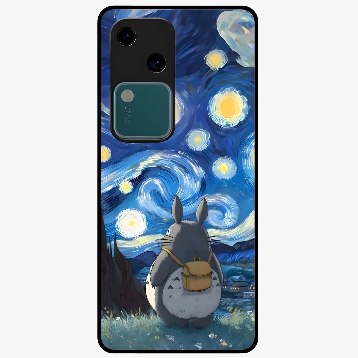 Totoro In Van Gogh Art Glass Case showing flat back view with whimsical character artwork inspired by Van Gogh style and glossy glass finish.