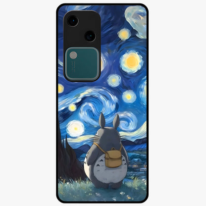 Totoro In Van Gogh Art Glass Case showing flat back view with whimsical character artwork inspired by Van Gogh style and glossy glass finish.